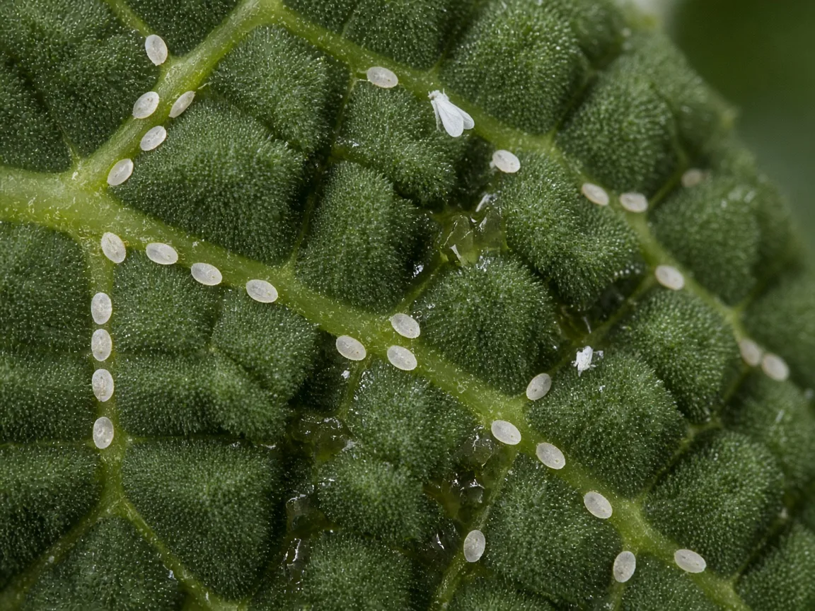 Whiteflies and pale immature stages on the underside of a houseplant leaf