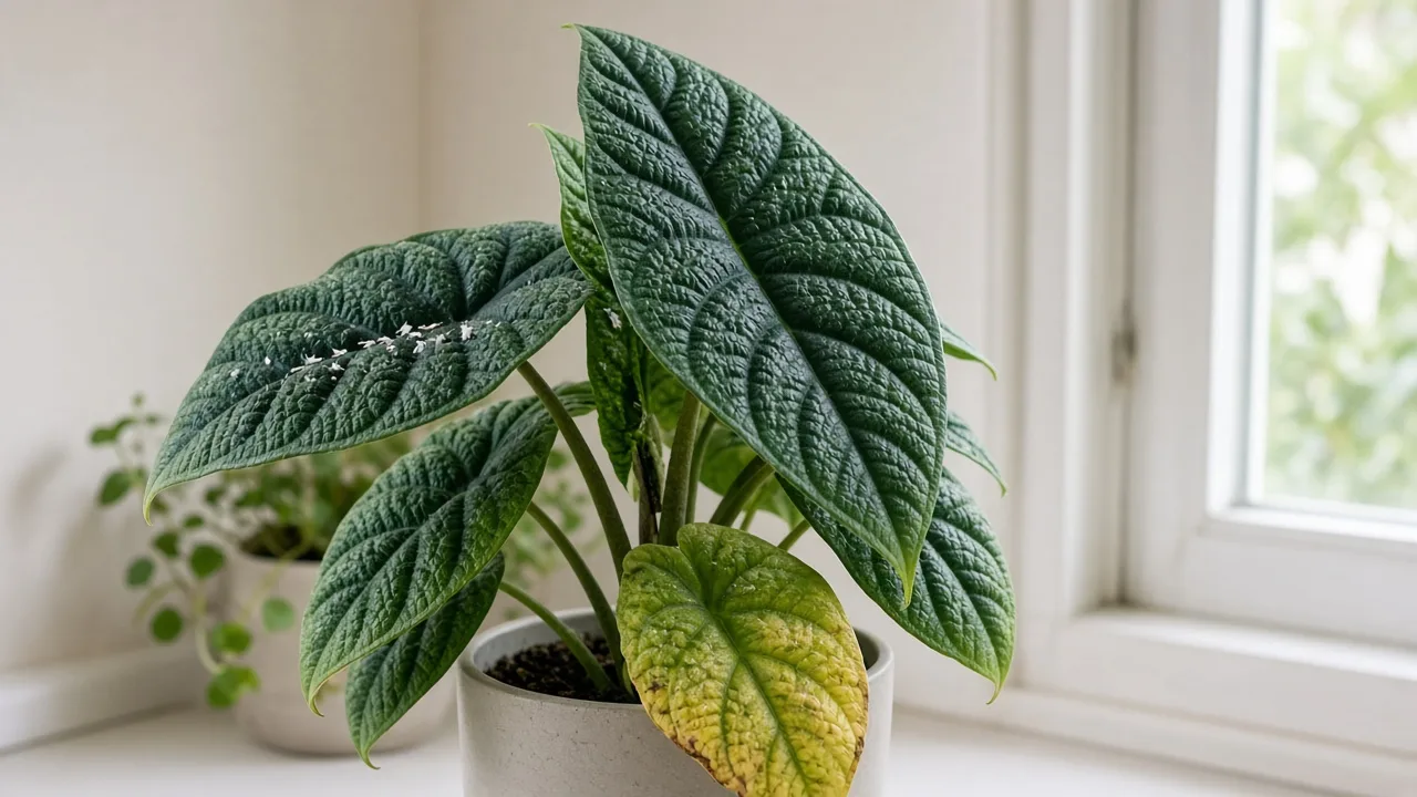 Whiteflies on Alocasia Melo - tiny white insects on matte green pebbled bullate leaf undersides