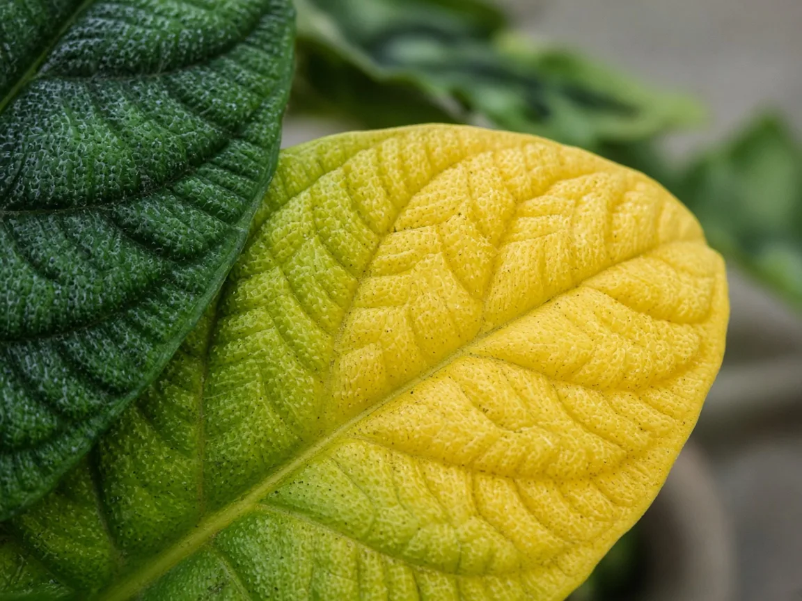 Close-up of yellow leaves on Alocasia Melo — chartreuse lower bullate blade with pebbled texture fading