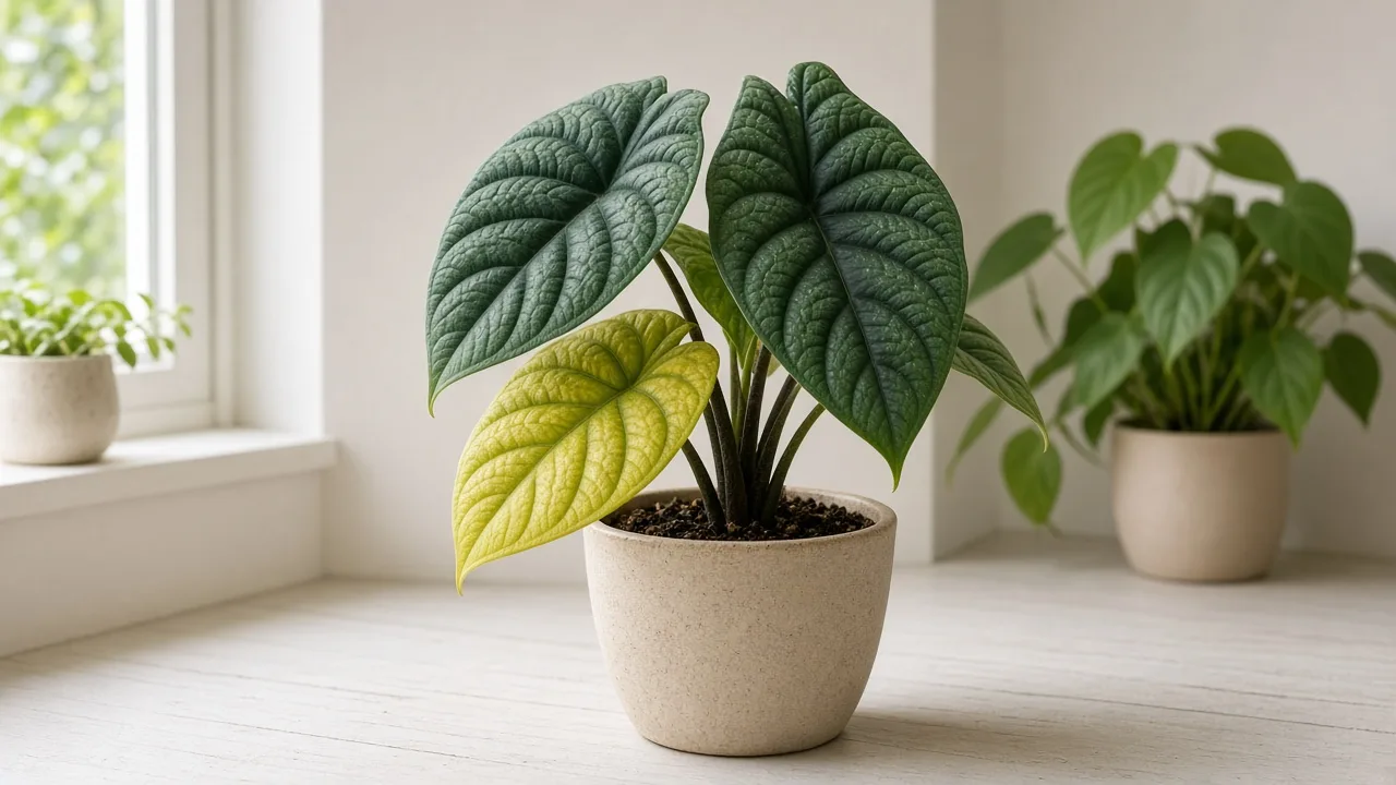 Alocasia melo with one older lower leaf turning yellow while upper leaves remain green