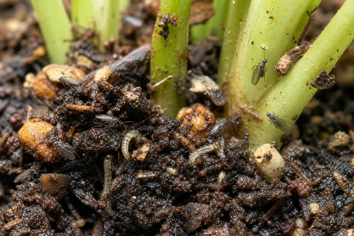 Close-up of Fungus Gnats on Alocasia Polly - diagnostic detail