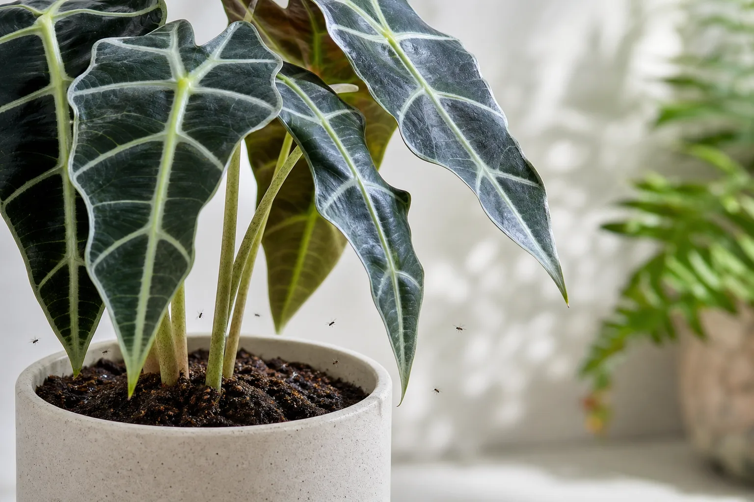 Fungus Gnats on Alocasia Polly - visible symptom on the plant