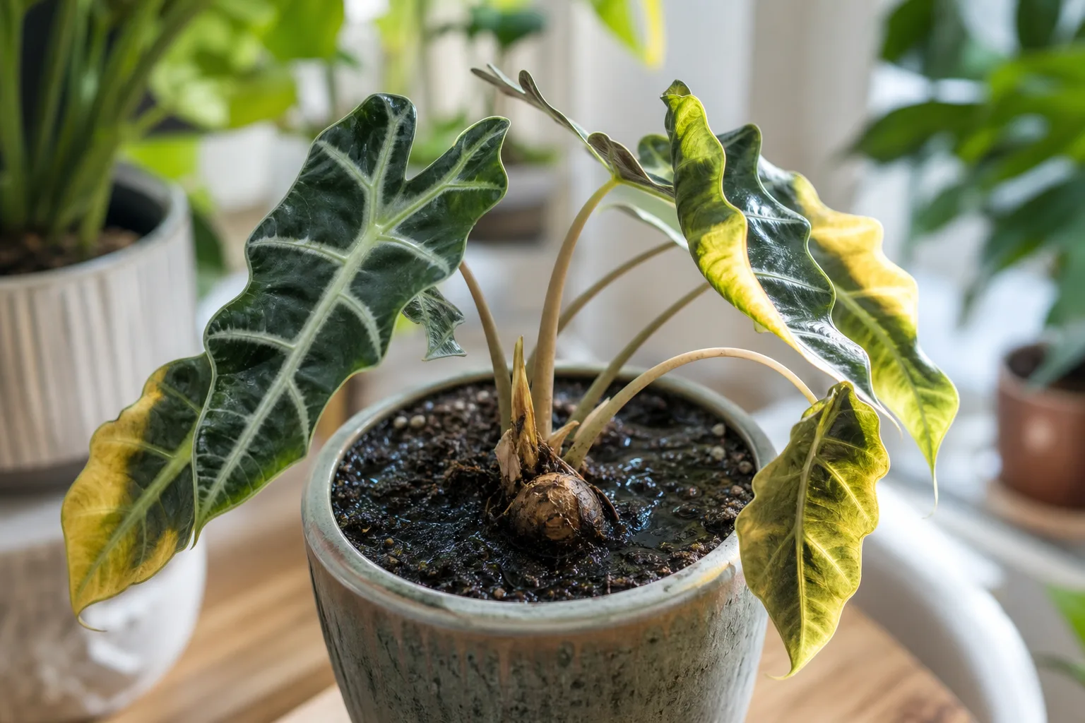 Overwatering on Alocasia Polly - visible symptom on the plant