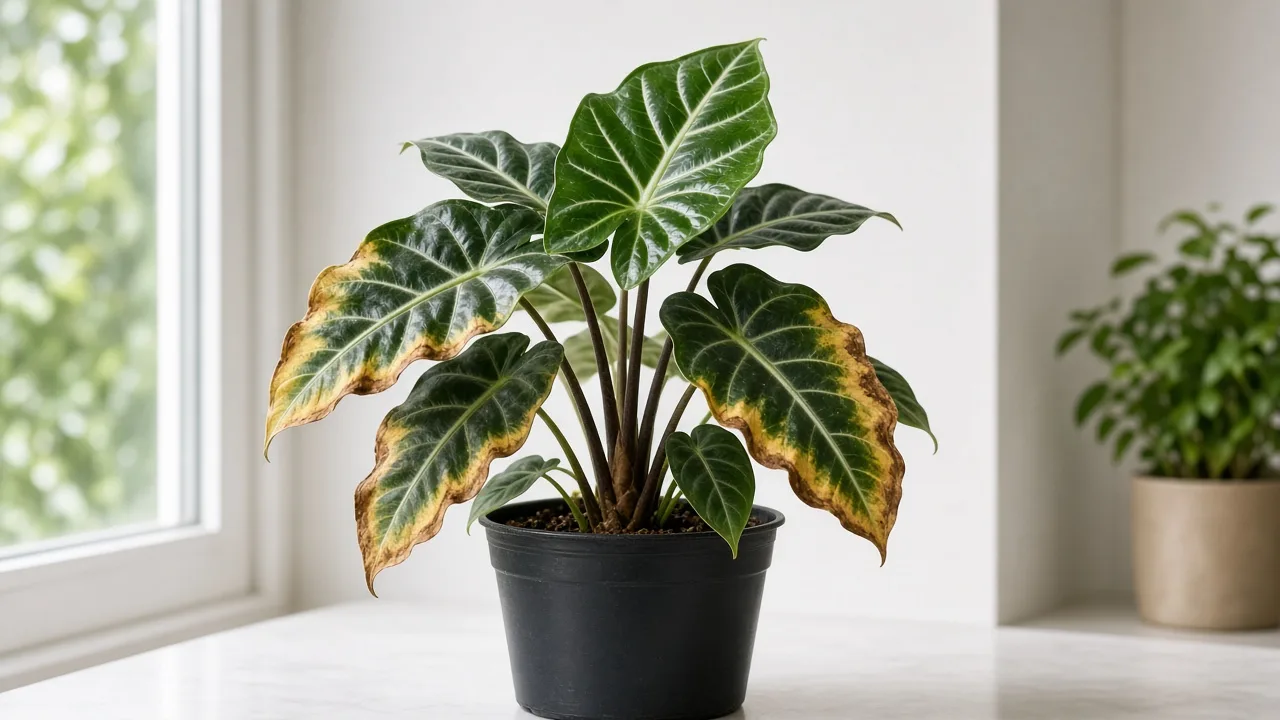 Potassium deficiency on Alocasia Polly - scorched margins on older dark arrow-shaped leaves with pale veins