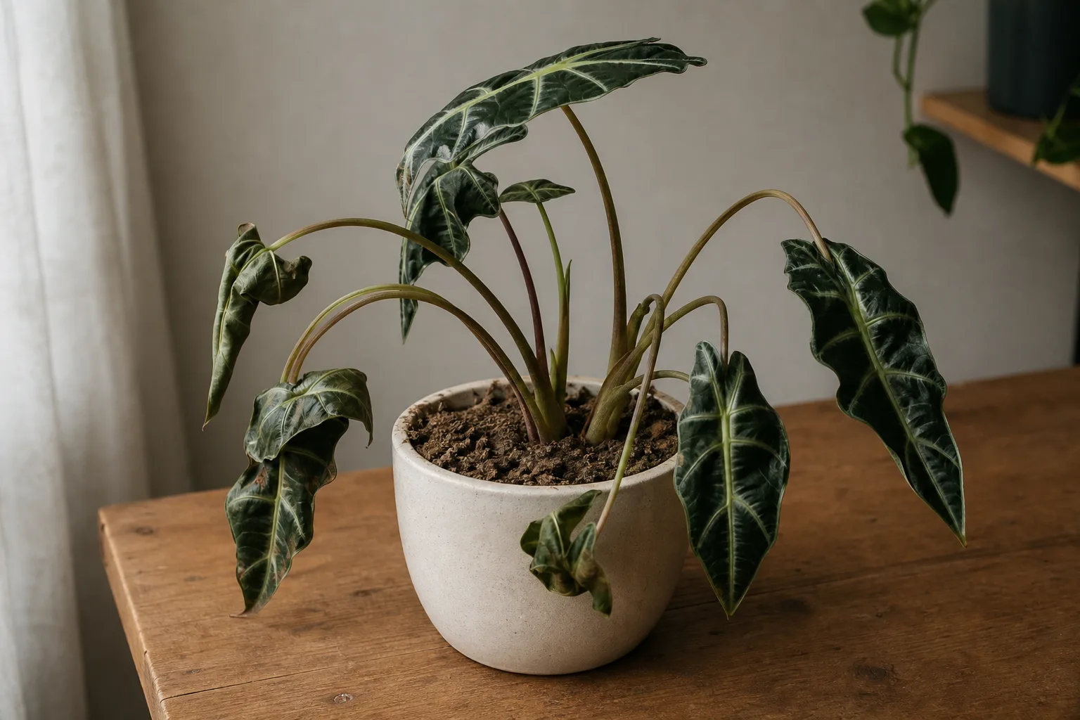 Underwatering on Alocasia Polly - visible symptom on the plant