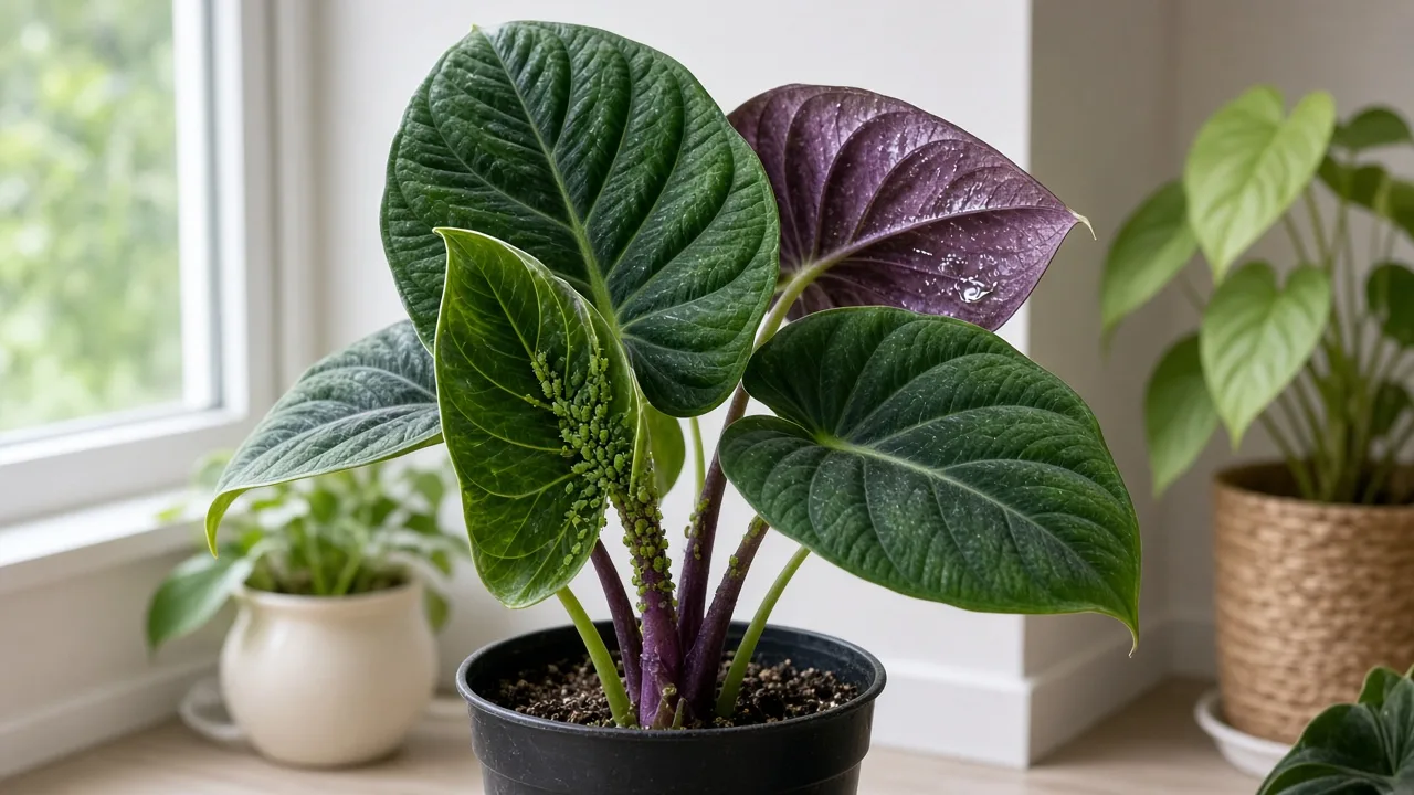 Aphids on Alocasia Regal Shield - sticky honeydew on purple-flushed shield leaf undersides