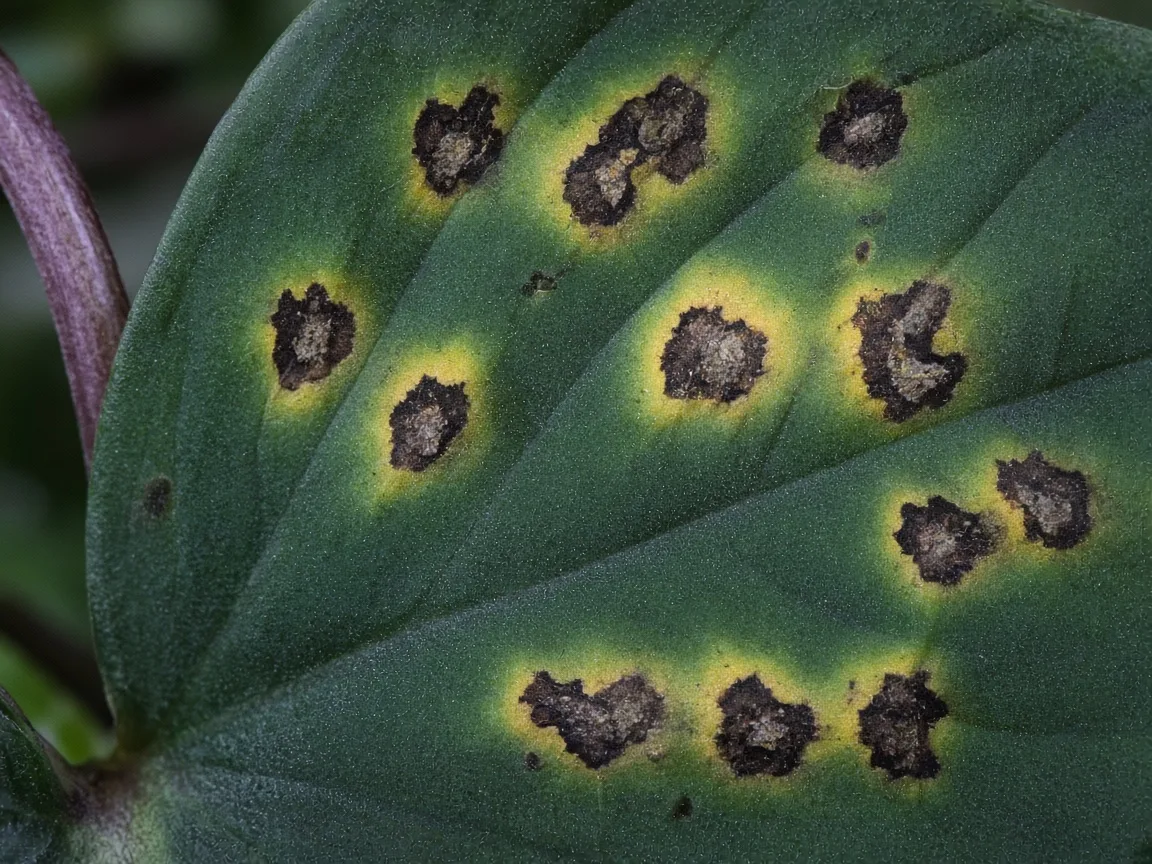 Close-up of black spots on Alocasia Regal Shield shield leaves