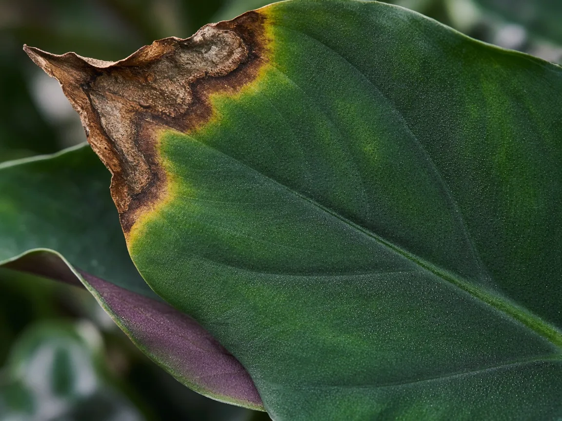 Close-up of brown tips on Alocasia Regal Shield shield leaves