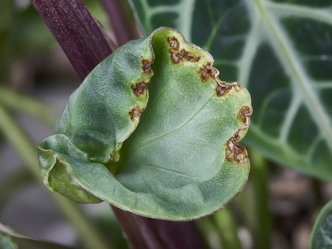 Close-up of cupped margin on newest unfurling Alocasia Regal Shield shield leaf