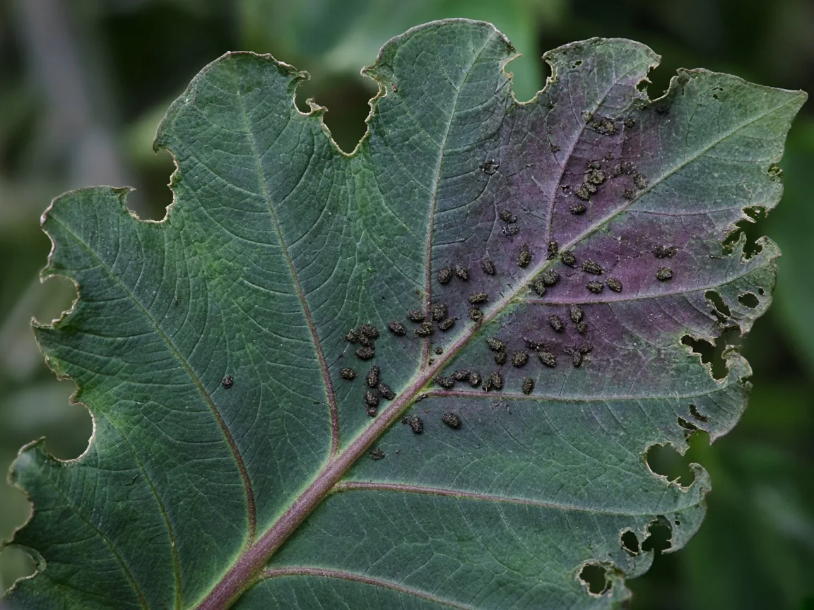 Close-up of caterpillar damage on Alocasia Regal Shield - irregular chewed notches on large shield-shaped leaf with purple-flushed underside and dark frass pellets