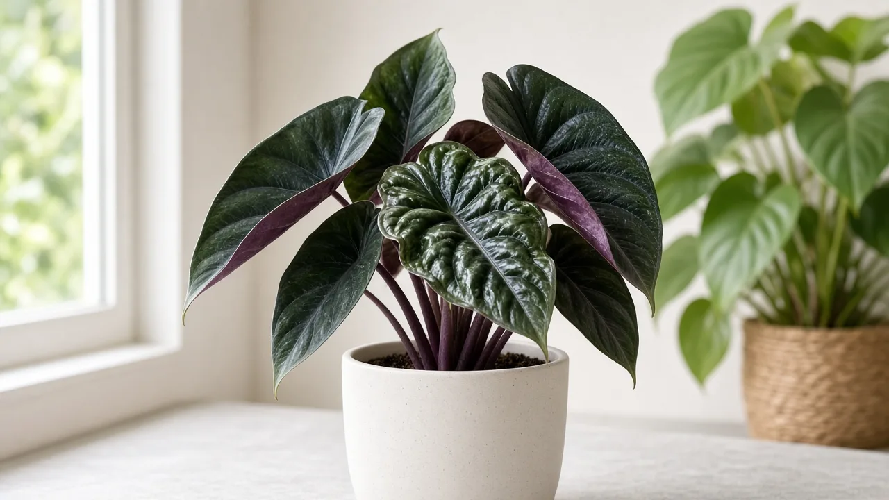 Distorted Leaves on Alocasia Regal Shield - twisted large shield foliage with purple-flushed undersides