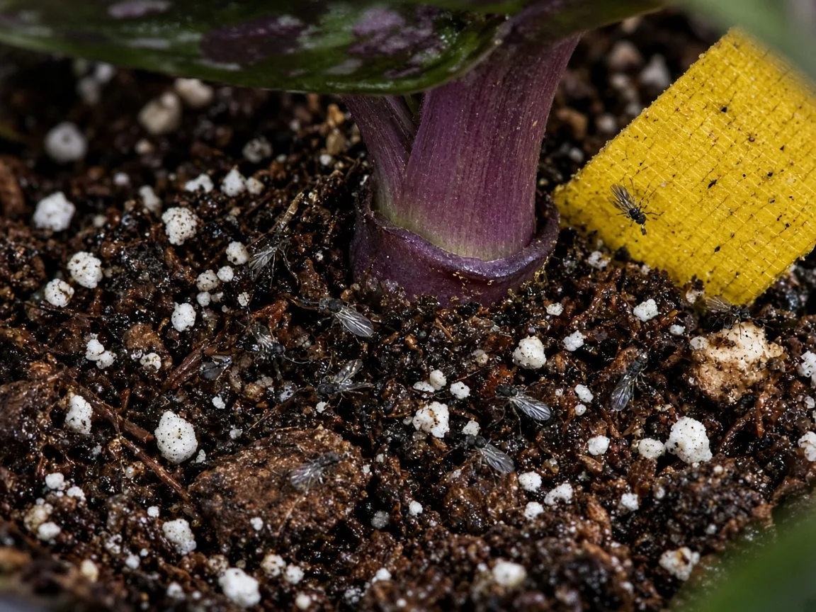 Close-up of fungus gnats on damp aroid mix at the base of Alocasia Regal Shield purple-backed shield leaves