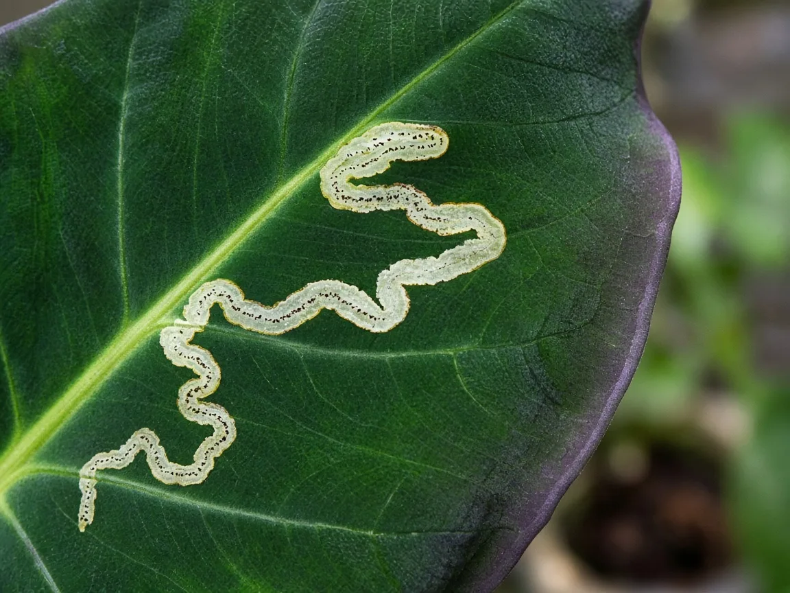 Close-up of leaf miners on Alocasia Regal Shield - pale serpentine tunnel visible on large green shield leaf with purple-flushed underside