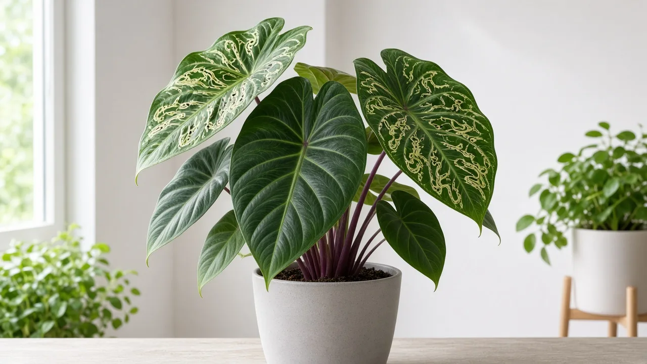 Leaf miners on Alocasia Regal Shield - pale serpentine tunnels visible on large green shield leaves with purple-flushed undersides