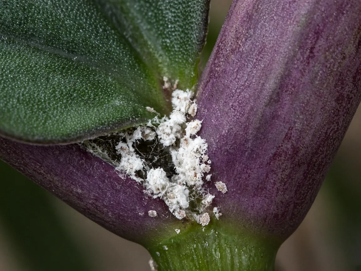 Close-up of mealybugs on Alocasia Regal Shield - diagnostic detail