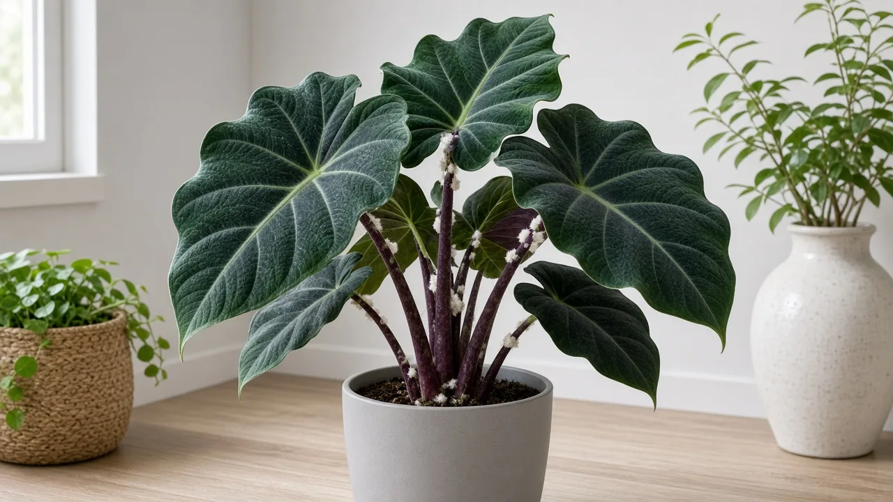 Mealybugs on Alocasia Regal Shield - white cottony clusters on purple-flushed petiole bases