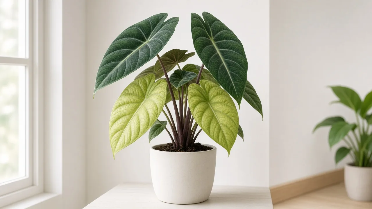 Nitrogen deficiency on Alocasia Regal Shield - oldest lower shield leaves uniformly pale yellow-green with newer purple-backed foliage at corm crown still greener