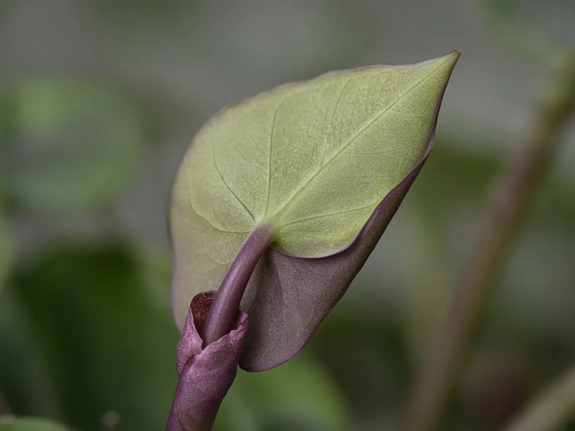 Close-up of low-light stress on Alocasia Regal Shield - small pale shield leaf on elongated purple petiole with dull underside