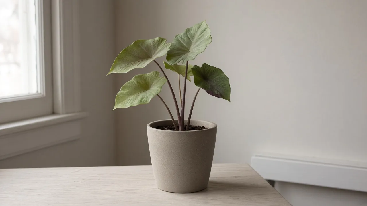 Not enough light on Alocasia Regal Shield - upright hybrid alocasia with small pale shield leaves leaning toward a dim window