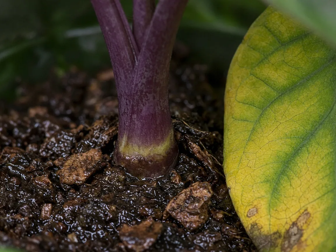 Close-up of yellowing lower shield leaf and soft purple petiole base on damp aroid mix