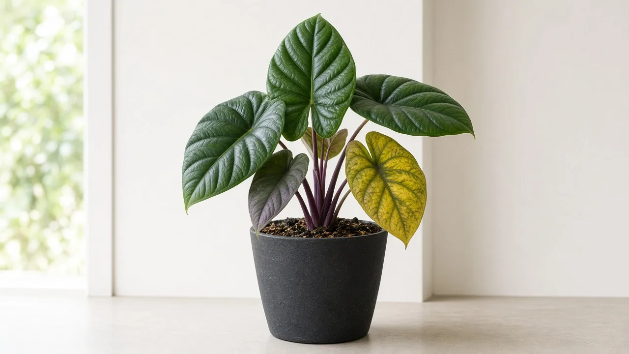 Overwatering on Alocasia Regal Shield - yellowing lower shield leaves and limp purple-flushed petioles on damp aroid mix in a heavy floor pot