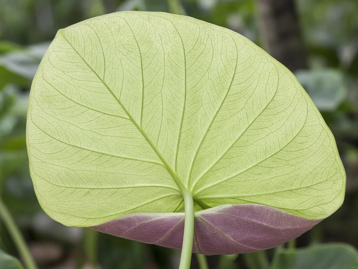 Close-up of washed-out pale color on Alocasia Regal Shield shield leaf with faded purple underside