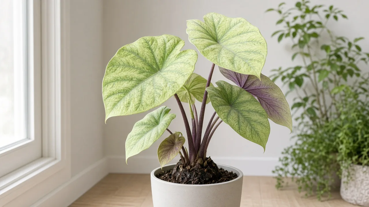 Pale Leaves on Alocasia Regal Shield - washed-out shield foliage with faded purple undersides