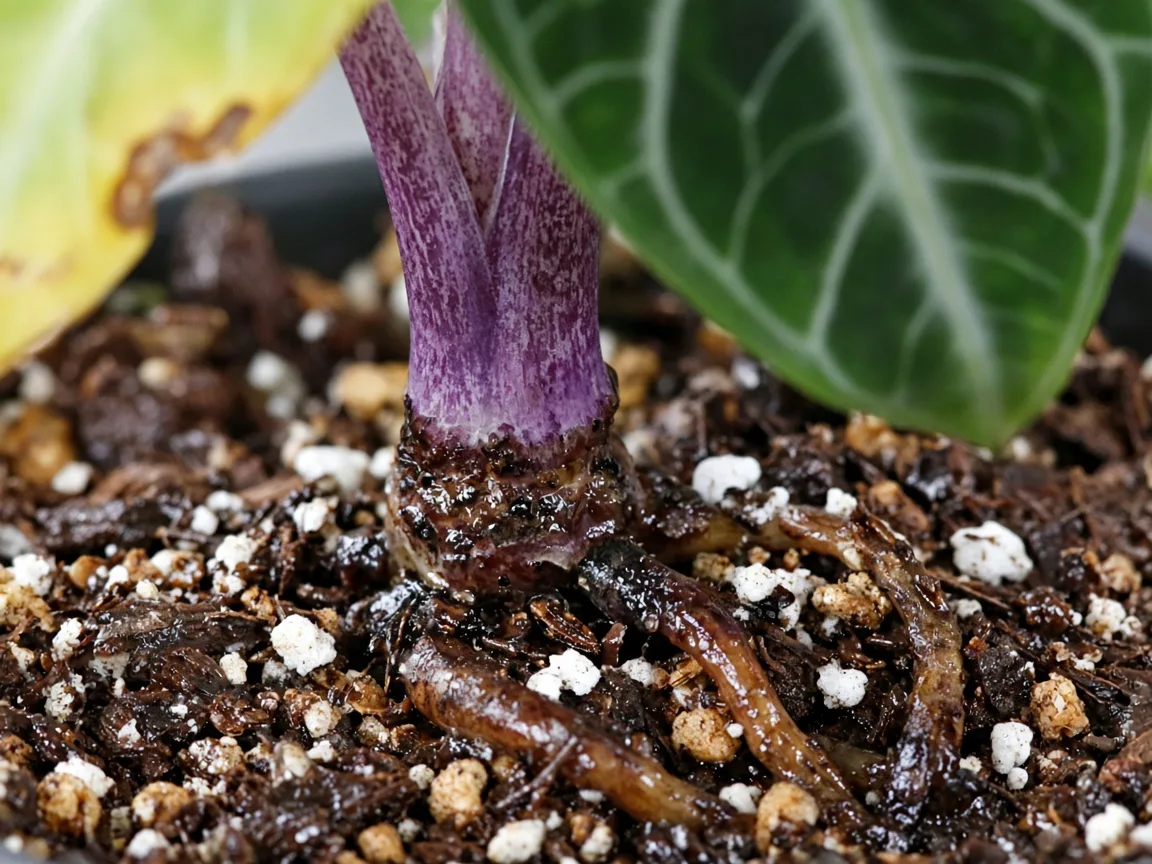Close-up of root rot on Alocasia Regal Shield - mushy brown roots and soft dark tissue at the corm base