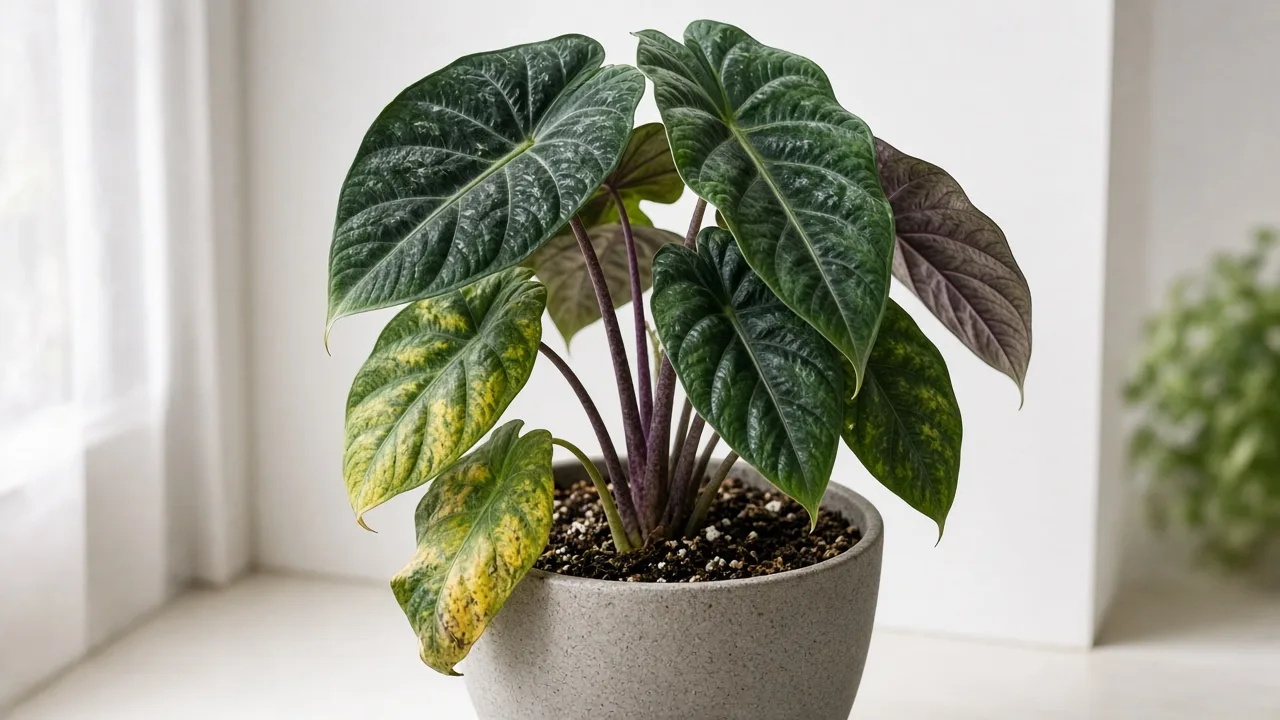 Root rot on Alocasia Regal Shield - yellowing shield leaves and soft purple petioles at the soil line above saturated aroid mix