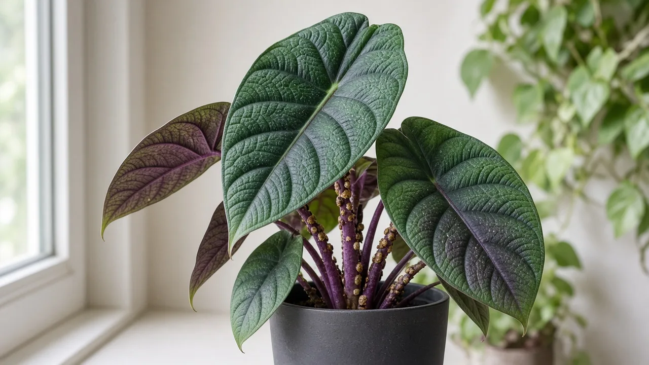 Scale insects on Alocasia Regal Shield - tan bumps on purple-flushed petiole and shield leaf underside