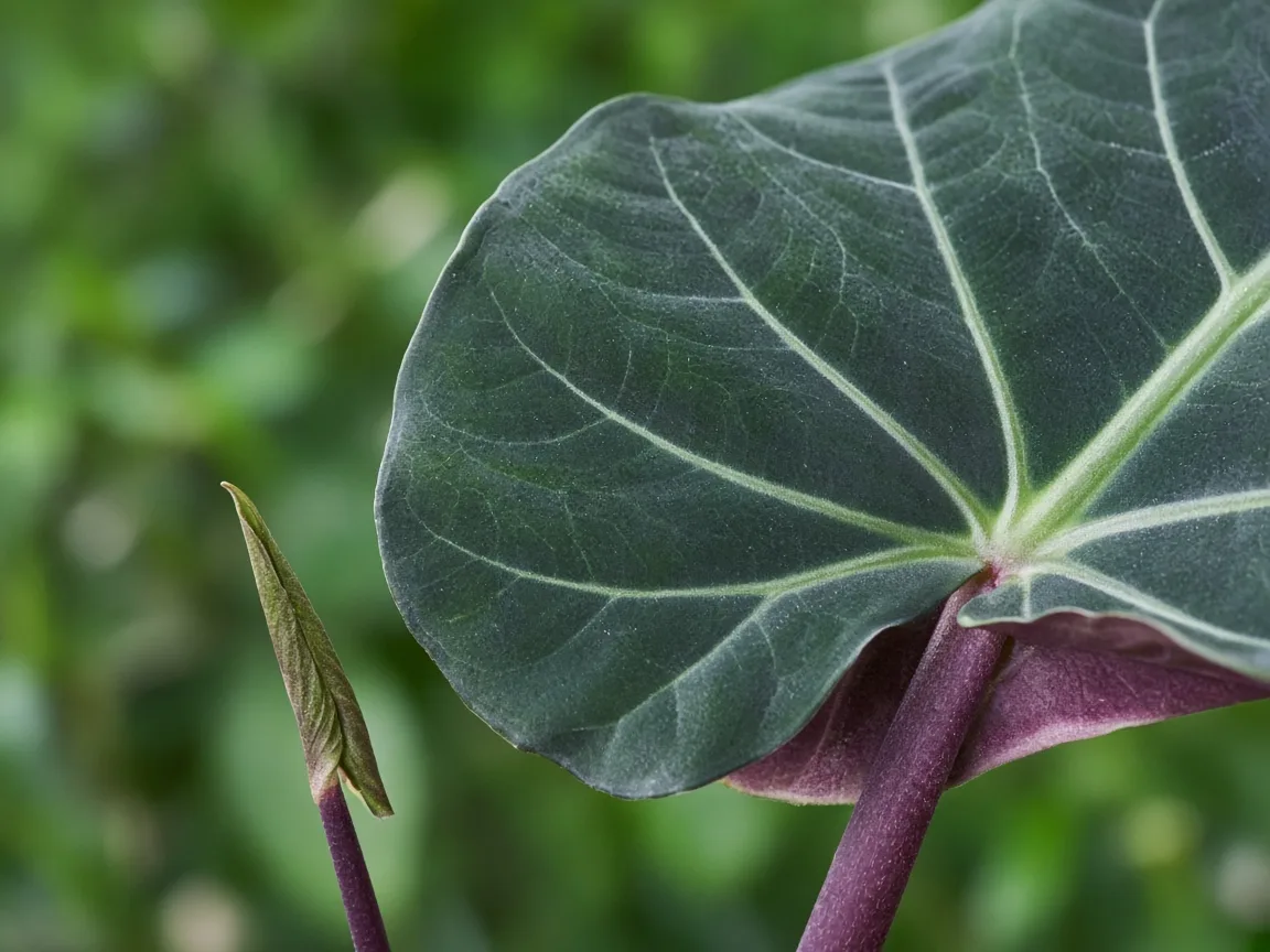 Close-up of slow growth on Alocasia Regal Shield - small new shield blade with long petiole gap and stalled unfurling spear next to one mature purple-backed leaf