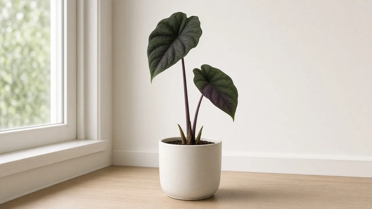 Slow growth on Alocasia Regal Shield - upright plant holding only one or two small shield leaves with long gaps between petioles instead of a full fan