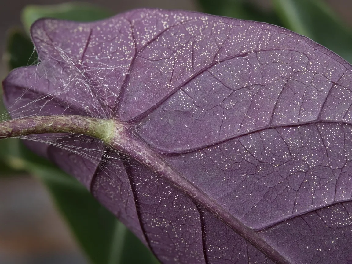 Close-up of pale stippling and fine webbing on the purple-flushed underside of an Alocasia Regal Shield shield leaf