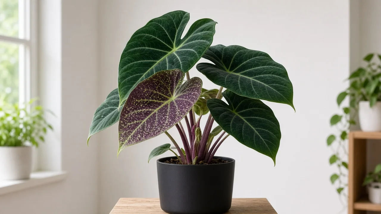 Spider mites on Alocasia Regal Shield - pale stippling on purple-flushed shield leaf undersides with fine webbing at petiole bases