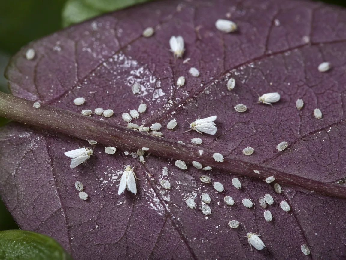 Close-up of whiteflies on Alocasia Regal Shield - diagnostic detail