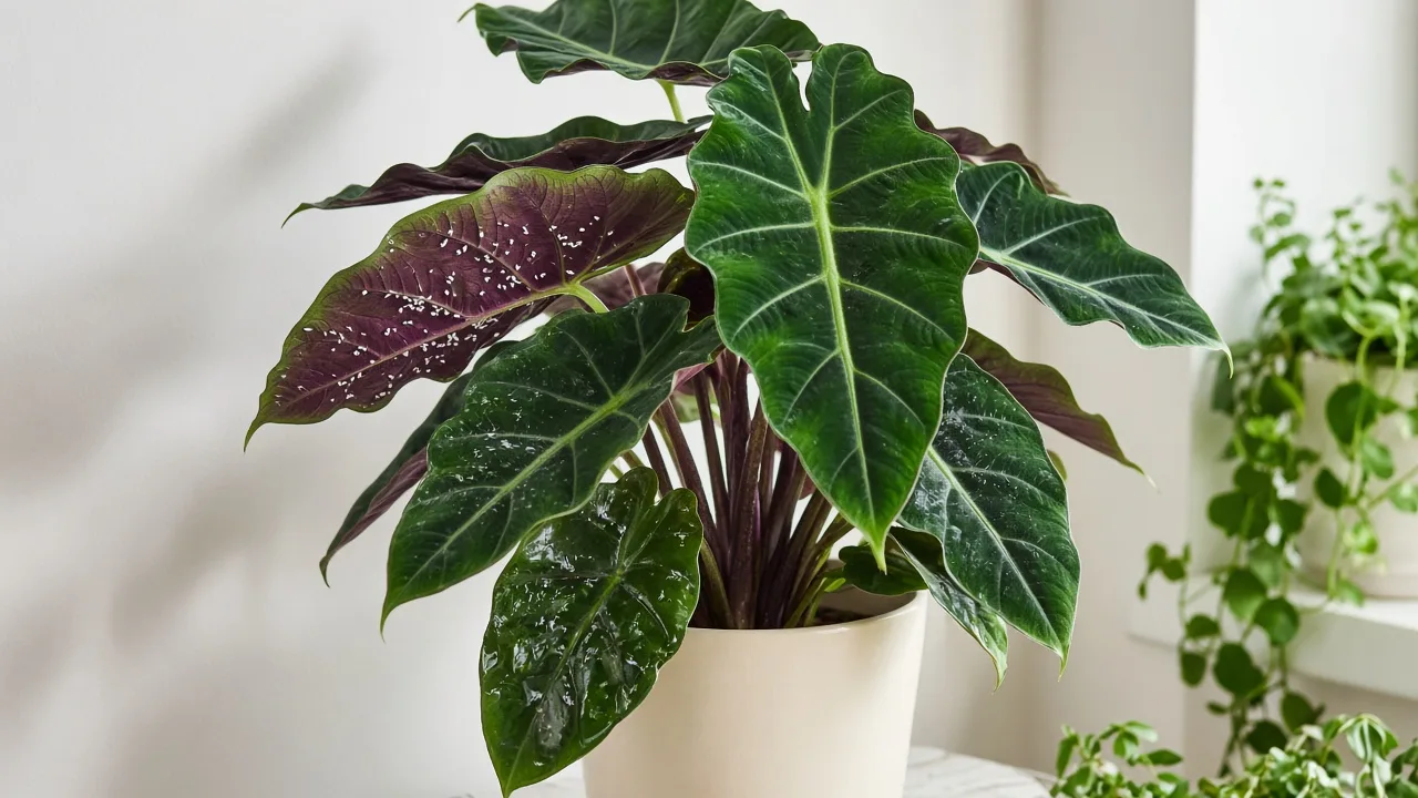 Whiteflies on Alocasia Regal Shield - tiny white insects on purple-flushed shield leaf undersides