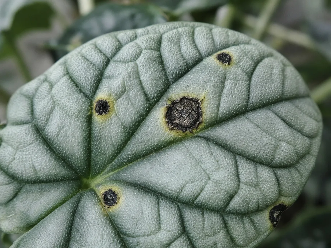 Close-up of black spots on Alocasia Silver Dragon bullate silvery leaves