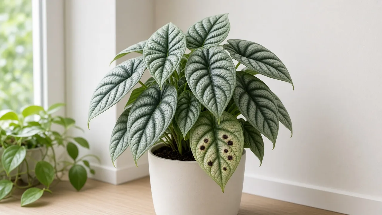 Black Spots on Alocasia Silver Dragon - dark lesions on silvery-green bullate leaves with dark veining