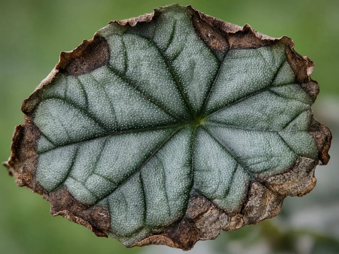 Close-up of brown leaf damage on Alocasia Silver Dragon bullate foliage