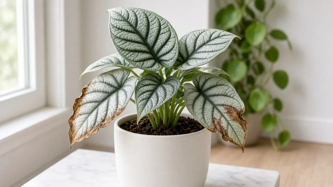 Brown Leaves on Alocasia Silver Dragon - crispy brown margins on silvery bullate foliage