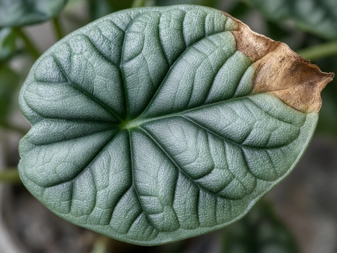 Close-up of brown tips on Alocasia Silver Dragon bullate leaves