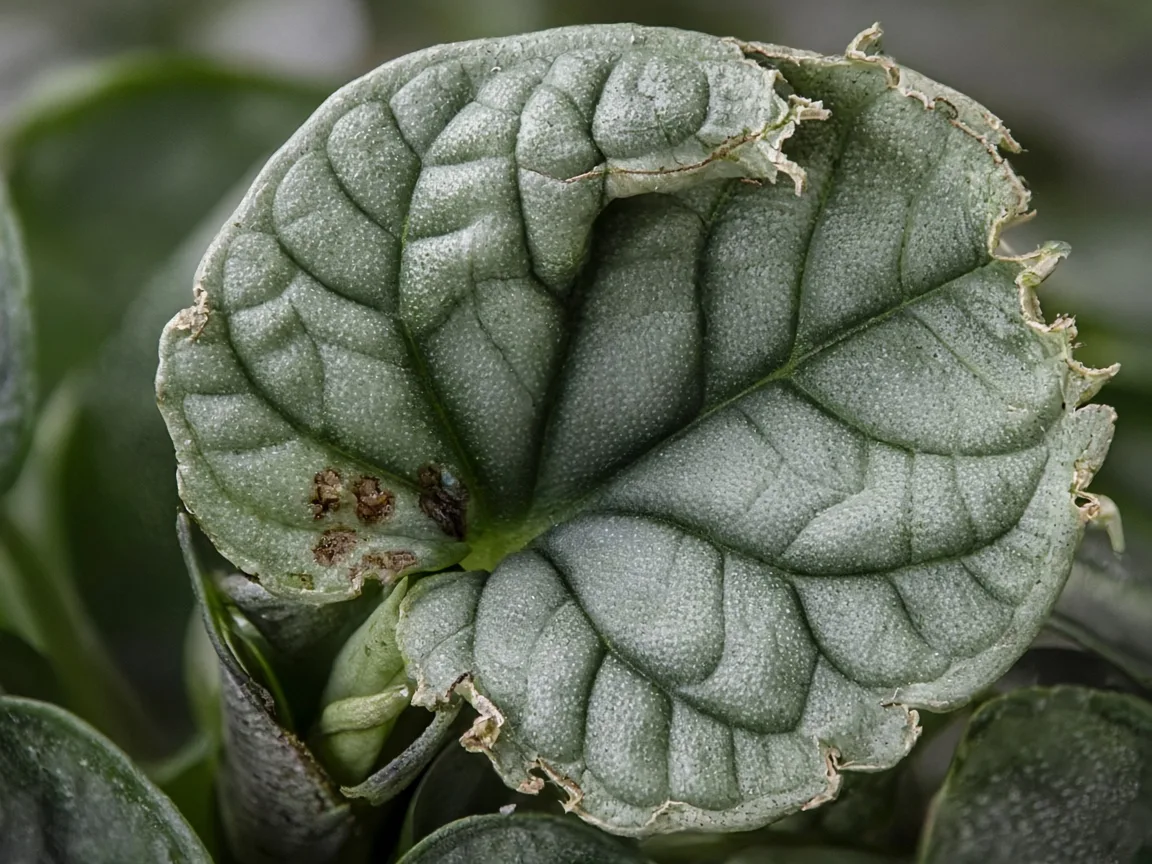 Close-up of calcium deficiency on Alocasia Silver Dragon - cupped new bullate leaf at crown