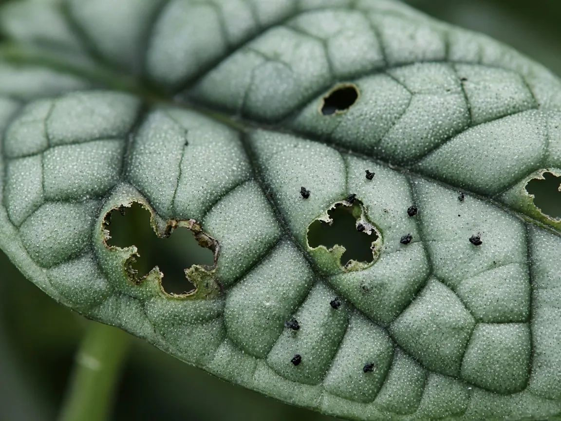 Close-up of caterpillar damage on Alocasia Silver Dragon - ragged chew holes and frass on bullate leaf