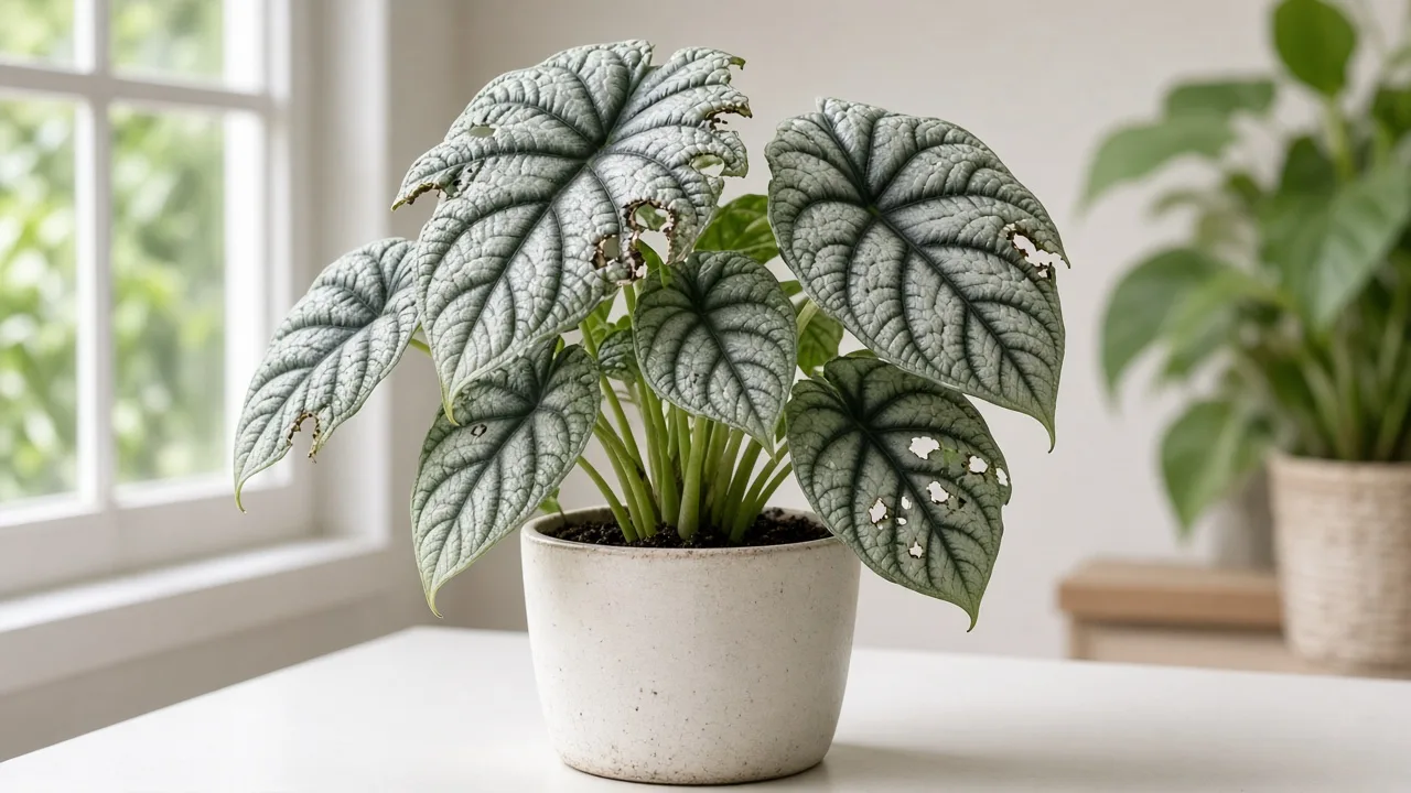 Caterpillars on Alocasia Silver Dragon - ragged chew holes on silvery bullate foliage