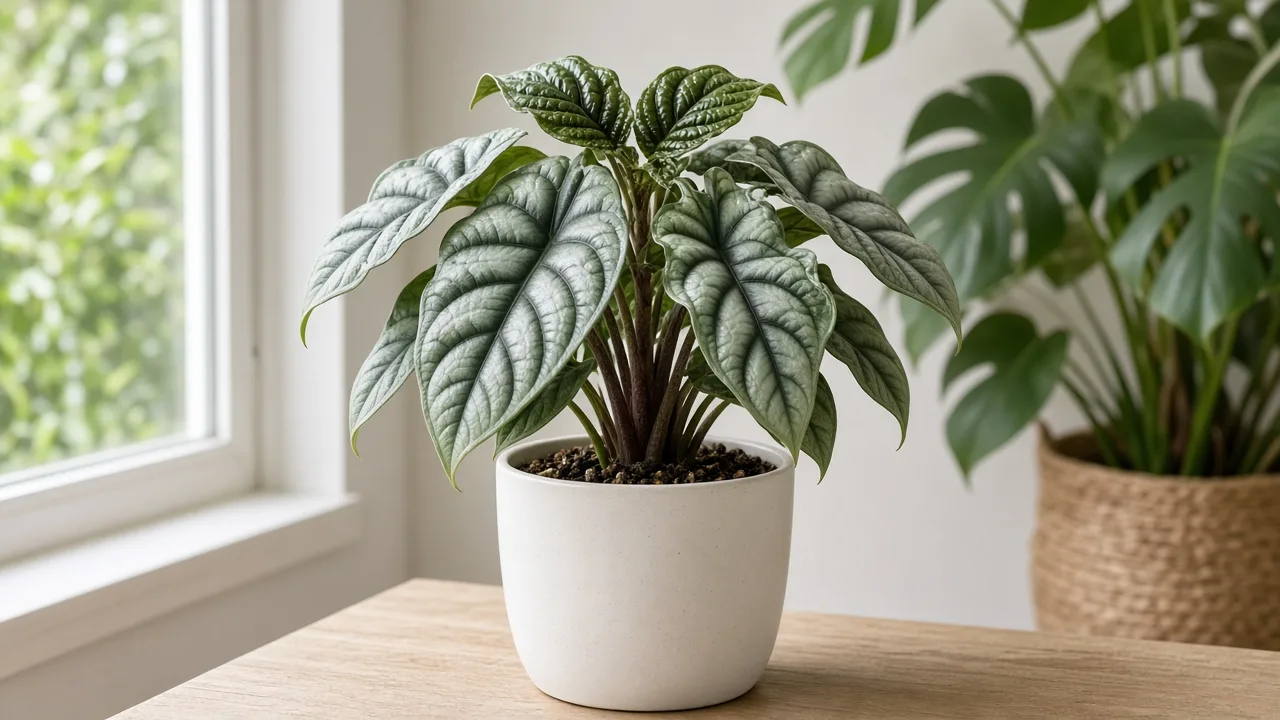 Distorted Leaves on Alocasia Silver Dragon - twisted silvery-green bullate foliage with dark veining