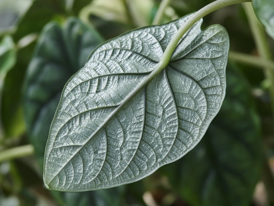 Close-up of Drooping Leaves on Alocasia Silver Dragon - diagnostic detail