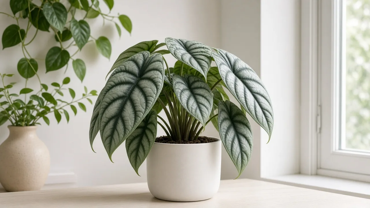 Drooping Leaves on Alocasia Silver Dragon - silvery bullate leaves hanging on stiff petioles
