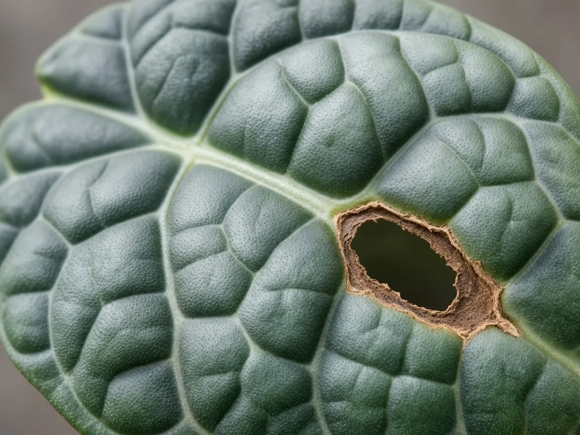 Close-up of holes in Alocasia Silver Dragon leaf