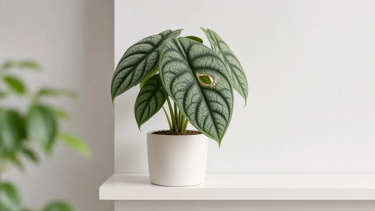Holes in leaves on Alocasia Silver Dragon - ragged chew marks on silvery-green bullate foliage