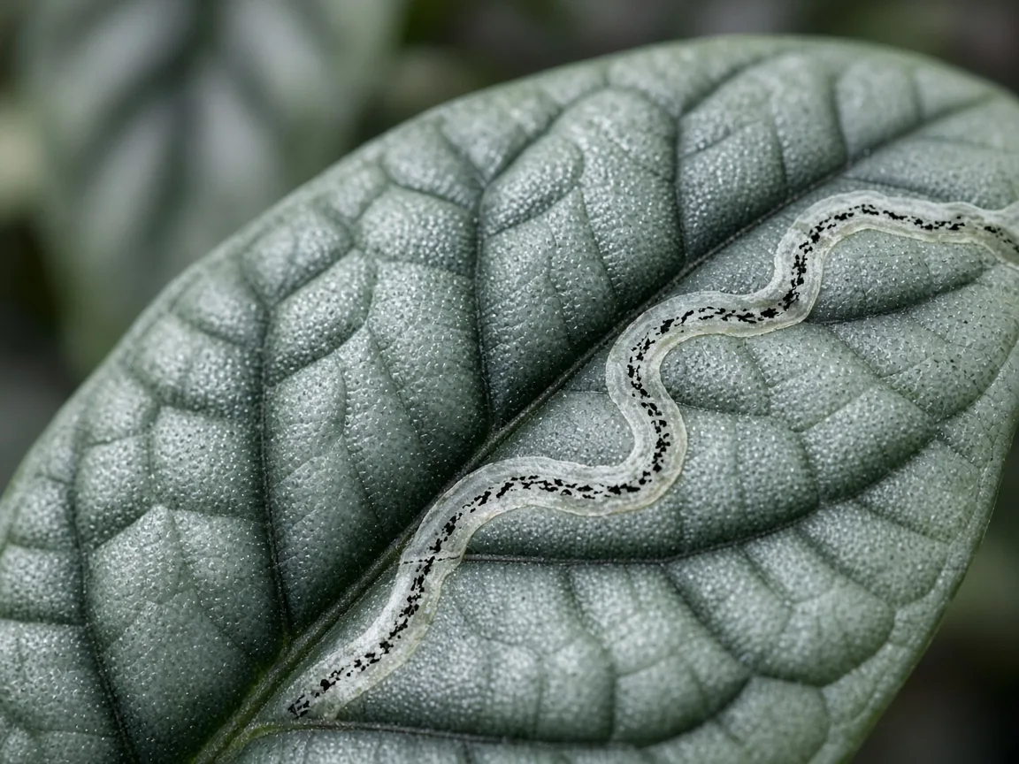 Close-up of leaf miners on Alocasia Silver Dragon - pale serpentine tunnel visible on thick silvery bullate leaf with dark veining